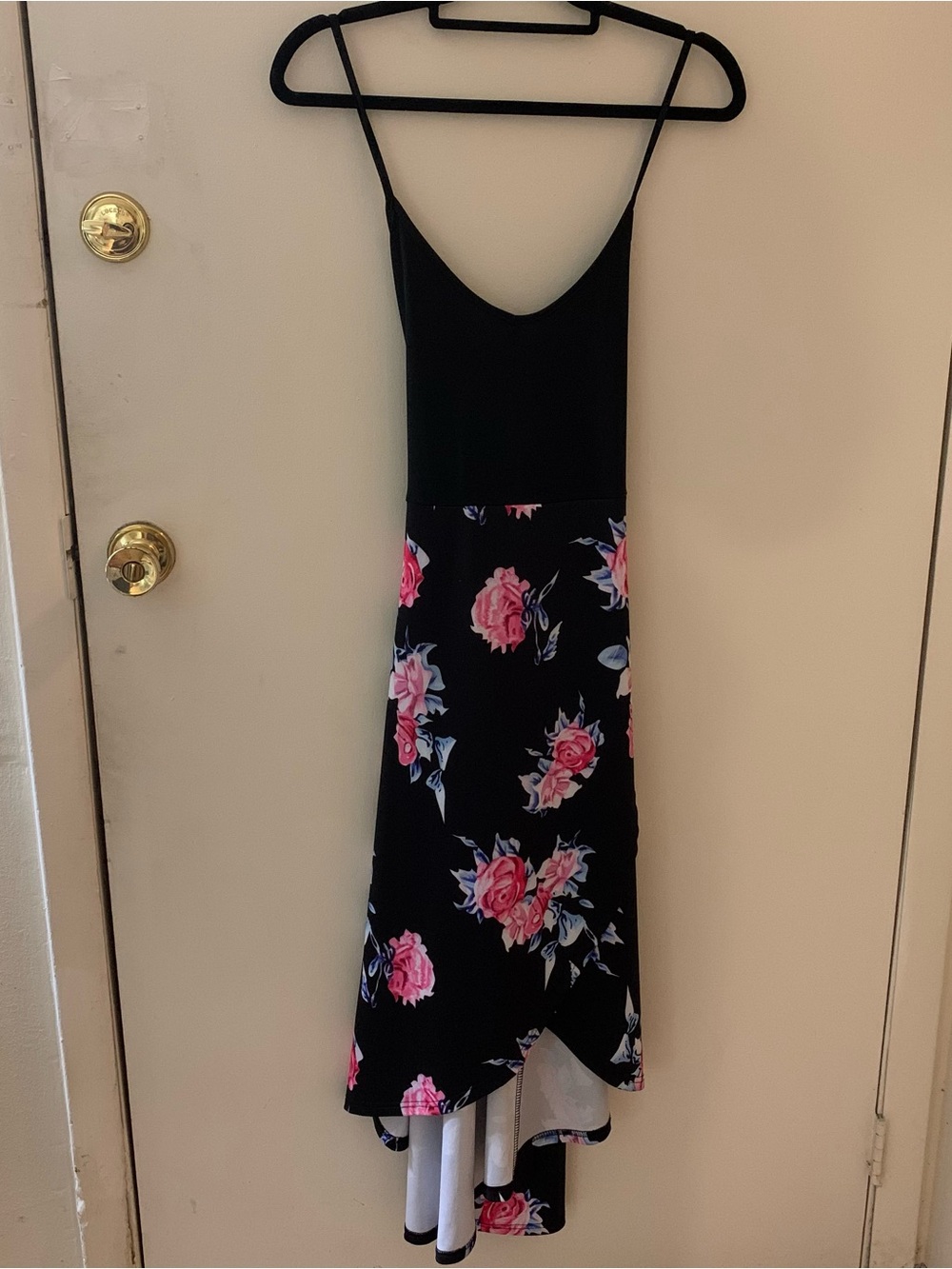 Black & Pink Floral Spaghetti-Strap High-Low Dress